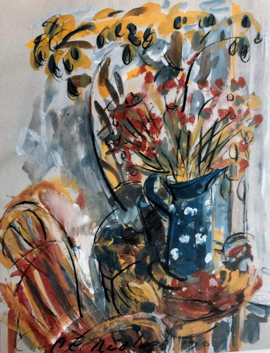 Still Life Interior Flowers in Blue Vase
